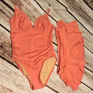 One piece coral swimsuit with skirt